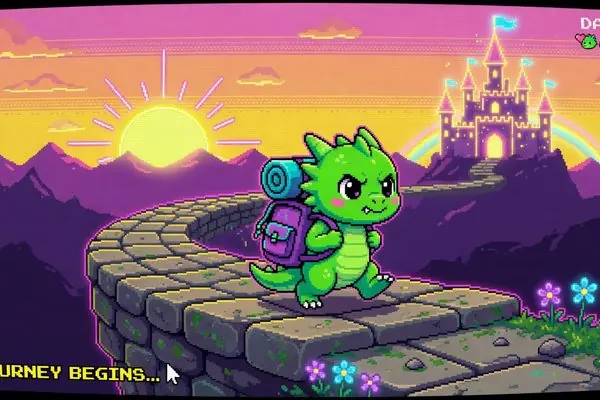 Dragon Breakout art: a green dragon with a backpack on a stone path toward a castle at sunset