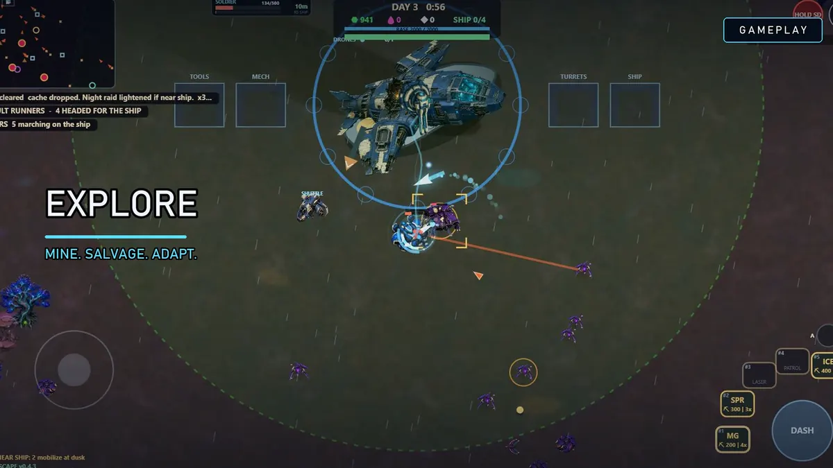 MECH Stranded gameplay: a mech fighting enemies in the Explore mode with touch controls